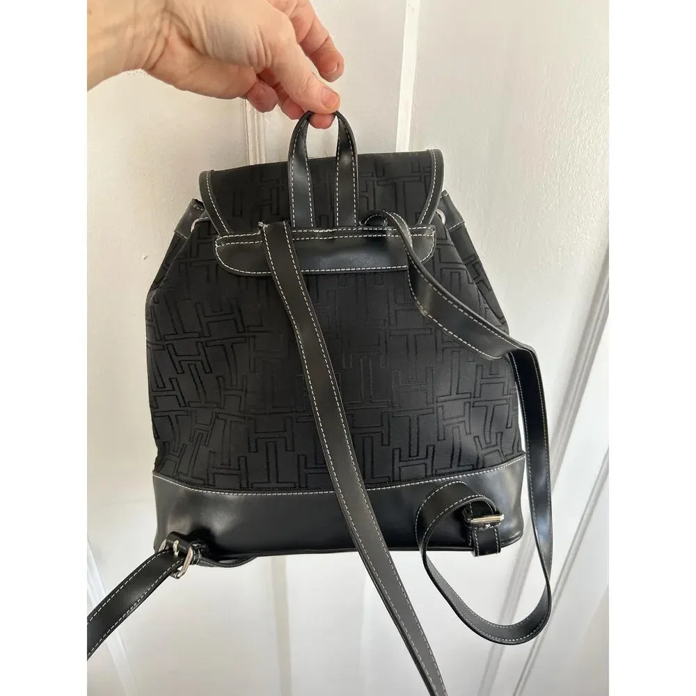 Vintage 1990s Black Mini Backpack Purse | Faux Leather Trim 90s Tommy Hilfiger
